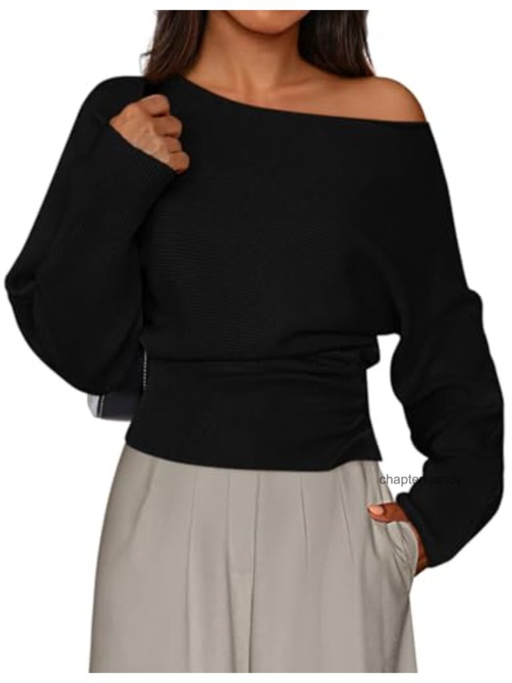 Off the Shoulder Ribbed Knit Sweater Long Sleeve Pullover
